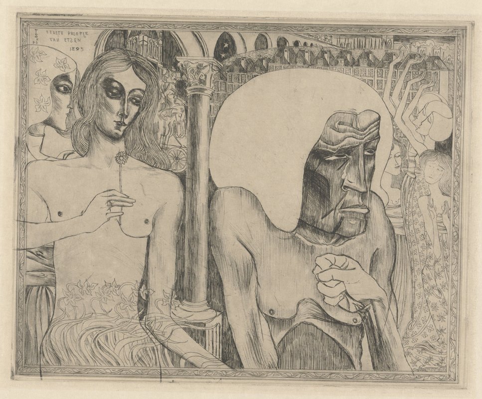 老妇人被年轻女子包围`Oude vrouw omringd door jonge vrouwen (in or after 1928) by Jan Toorop