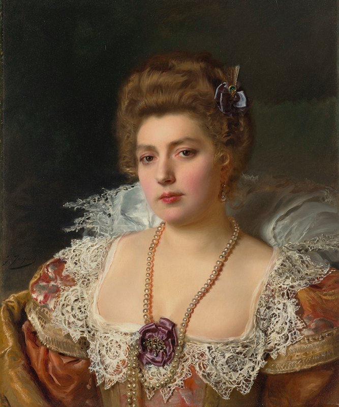 肖像戴珍珠的女人`Portrait dune femme portant des perles by Gustave Jean Jacquet
