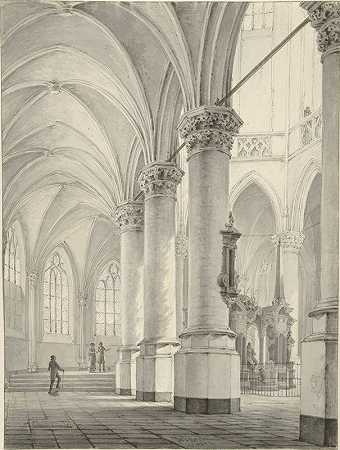 代尔夫特Nieuwe路缘的屋内`Interieur van de Nieuwe Kerk te Delft (1824) by Johannes Jelgerhuis