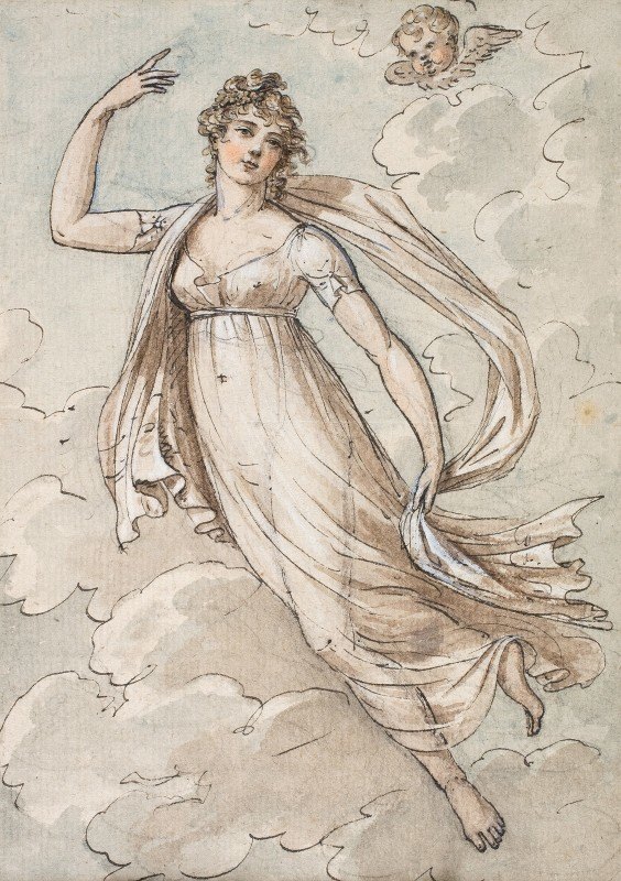 一个漂浮在天空中的女人说`Woman floating in the sky, observed by a cherub (1800 – 1849) by a cherub by Peltro William Tomkins
