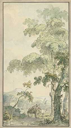 带推车景观的房间墙纸设计`Ontwerp voor kamerbehangsel met landschap met kar (c. 1752 ~ c. 1819) by Jurriaan Andriessen