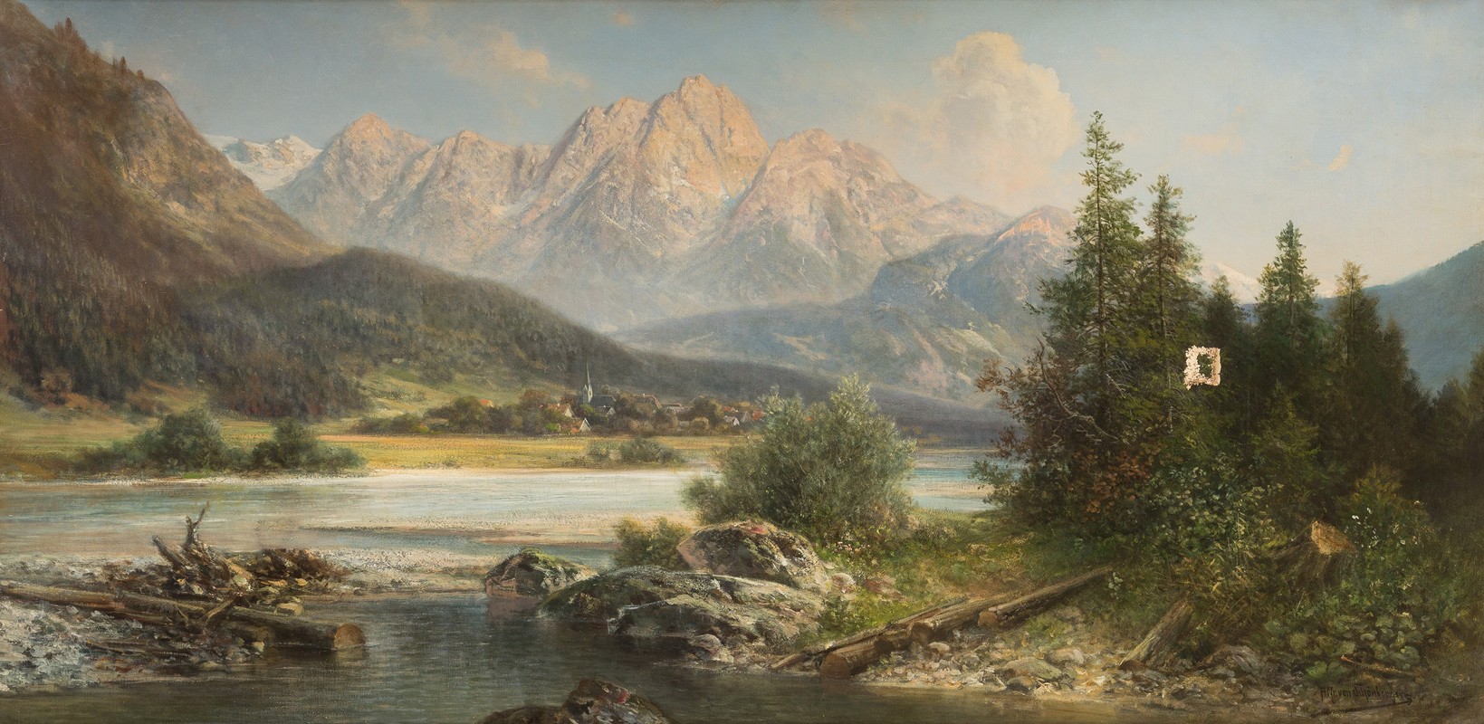 阿尔卑斯山脚下的河流景观`River landscape at the foot of the Alps by Alfred Karl Julius Von Schönberger