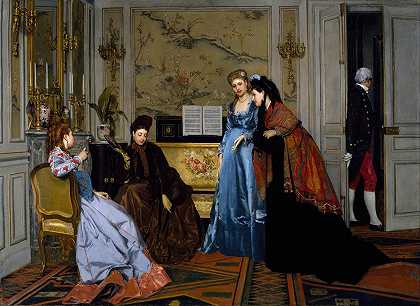 沙龙里优雅的人物`Elegant Figures in a Salon (1840~1906) by Alfred Stevens