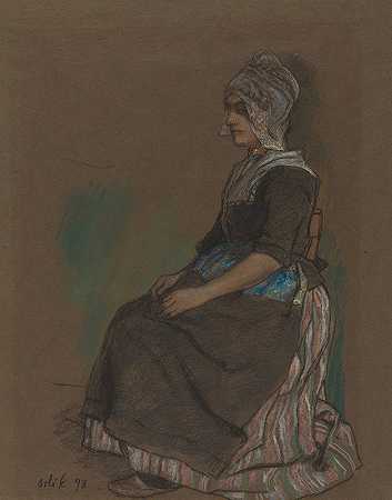穿着服装的女孩`Volendam Girl In Costume (1898) by Emil Orlik