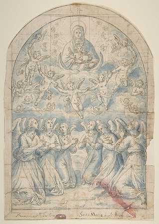 麦当娜和《荣耀中的孩子》受到崇拜`Madonna and Child in Glory Adored by Angels (1600–1650) by Angels by Bernardino Rodriguez