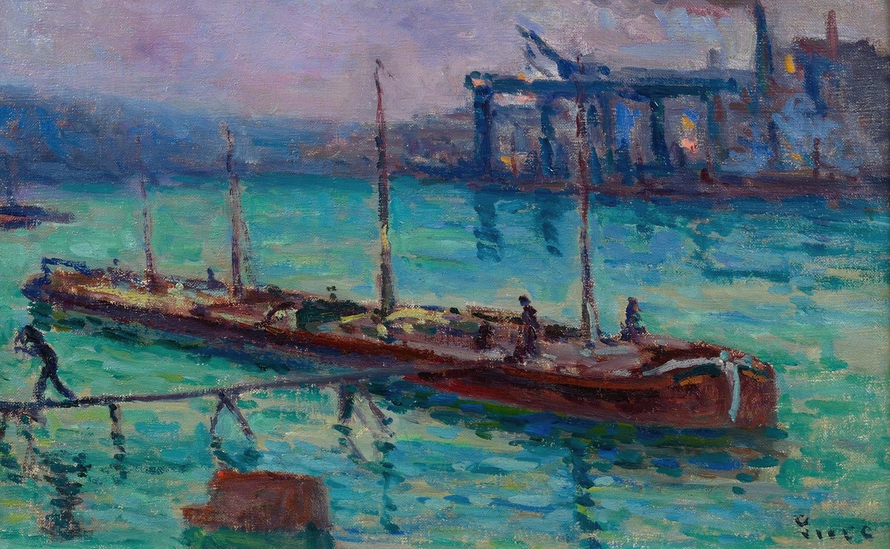 塞纳河畔的驳船`Péniche Au Bord De La Seine (circa 1910) by Maximilien Luce