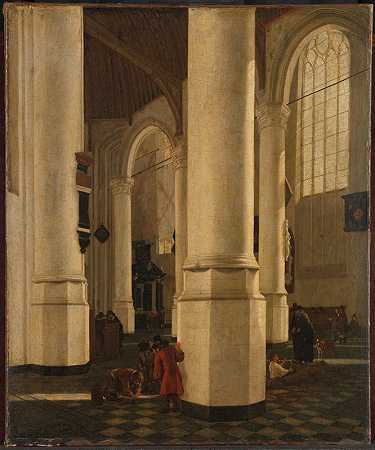 代尔夫特的乌德·克尔克（Oude Kerk）的屋内，以及海军中将彼得·彼得斯·海伊恩（Pieter Pietersz Heijn）的陵墓`Interior of the Oude Kerk in Delft, with the Tomb of Vice~Admiral Pieter Pietersz Heijn (c. 1650) by Gerard Houckgeest