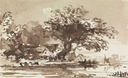 河弯处的树木和小屋`Trees and Cottages at the Bend of a River by John Varley