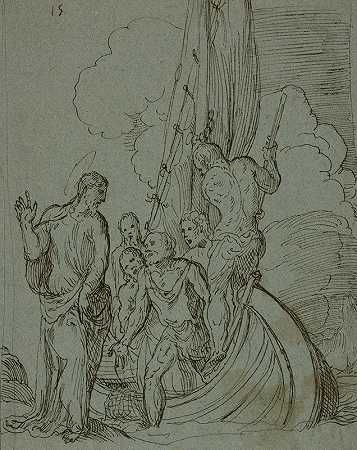 基督在水上行走，彼得跟在后面`Christ Walking on the Water, Peter Following (c. 1550) by Domenico Campagnola
