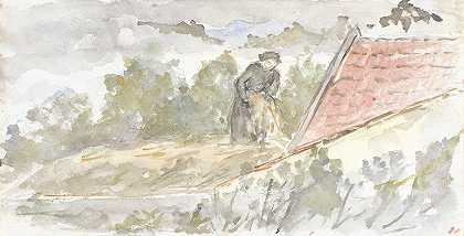 有女人和屋顶的风景`Landschap met vrouw en dak van een huis (1834 ~ 1911) by Jozef Israëls