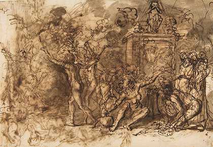 人物聚集在一棵树周围`Figures Gathered around a tree (1615–73) by Salvator Rosa