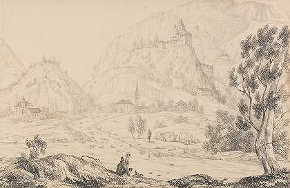 科尔曼镇附近的特洛斯堡要塞。蒂罗尔。`Fortress of Trostburg near the town of Kollman. Tyrol. (1840) by Sir Charles D;Oyly