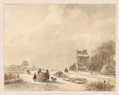 冬季景观，有干草雪橇和滑冰者`Winterlandschap met hooislee en schaatsers (1797 ~ 1870) by Andreas Schelfhout