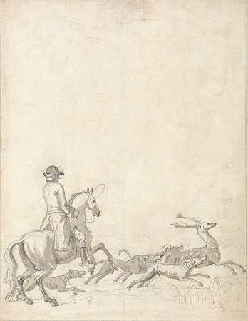 猎鹿骑手带着猎犬要把牡鹿拉下来`Stag Hunting; Rider With Hounds About to Bring the Stag Down by Peter Tillemans