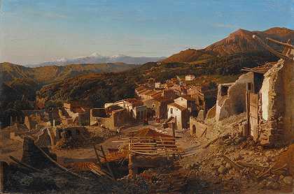 阿布鲁佐的圣塞巴斯蒂亚诺景观`A View of San Sebastiano in Abruzzo (1859) by Alessandro La Volpe