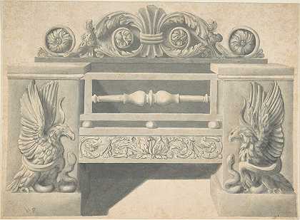 带有Putti防火犬的洛可可风格铸铁炉排设计`Design for Cast~iron Grate in Rococo Style with Putti Fire Dogs (ca. 1814) by Benjamin Dean Wyatt