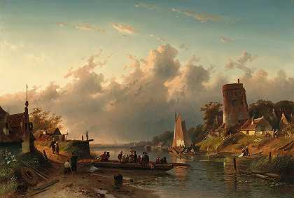 傍晚渡船过河`A ferry crossing a river in the evening (1867) by Charles Leickert