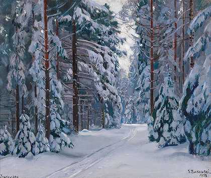 森林里的一条雪路`A Snowy Path in the Forest (1928) by Stanislav Yulianovich Zhukovsky