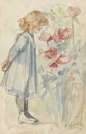 站在花园里的女孩`Staand meisje in bloementuin (1834 ~ 1911) by Jozef Israëls