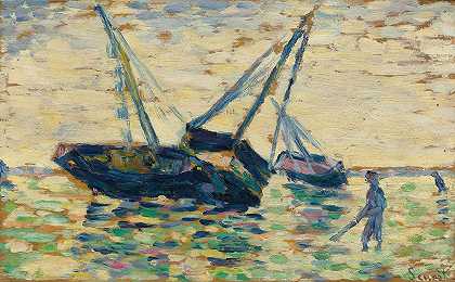 三艘船和一名水手（GrandCamp 搁浅研究）`Trois Bateaux Et Un Marin (Étude Pour Léchouage À Grandcamp) (1885) by Georges Seurat