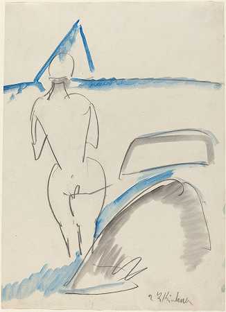 海滩上的游泳者`Bather on the Beach (1912~1913) by Ernst Ludwig Kirchner