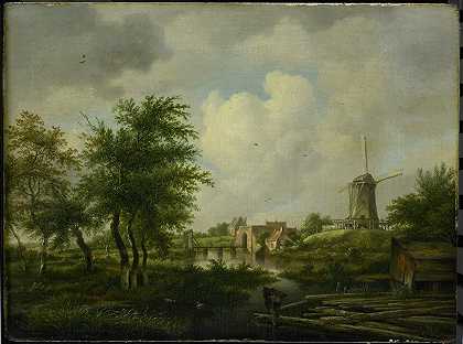 阿姆斯特丹的一堵破旧的墙，有一个潮湿的门廊，可以在建筑物的上方看到`De vervallen wal te Amsterdam met de Weteringpoort, gezien over de Buitensingel (1807) by Jan Hulswit