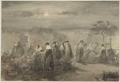 一群女士们先生们在月光下的院子里，院子里种着玫瑰花丛`Gezelschap van dames en heren in een door de maan beschenen hof met rozenstruiken (1847) by Charles Rochussen
