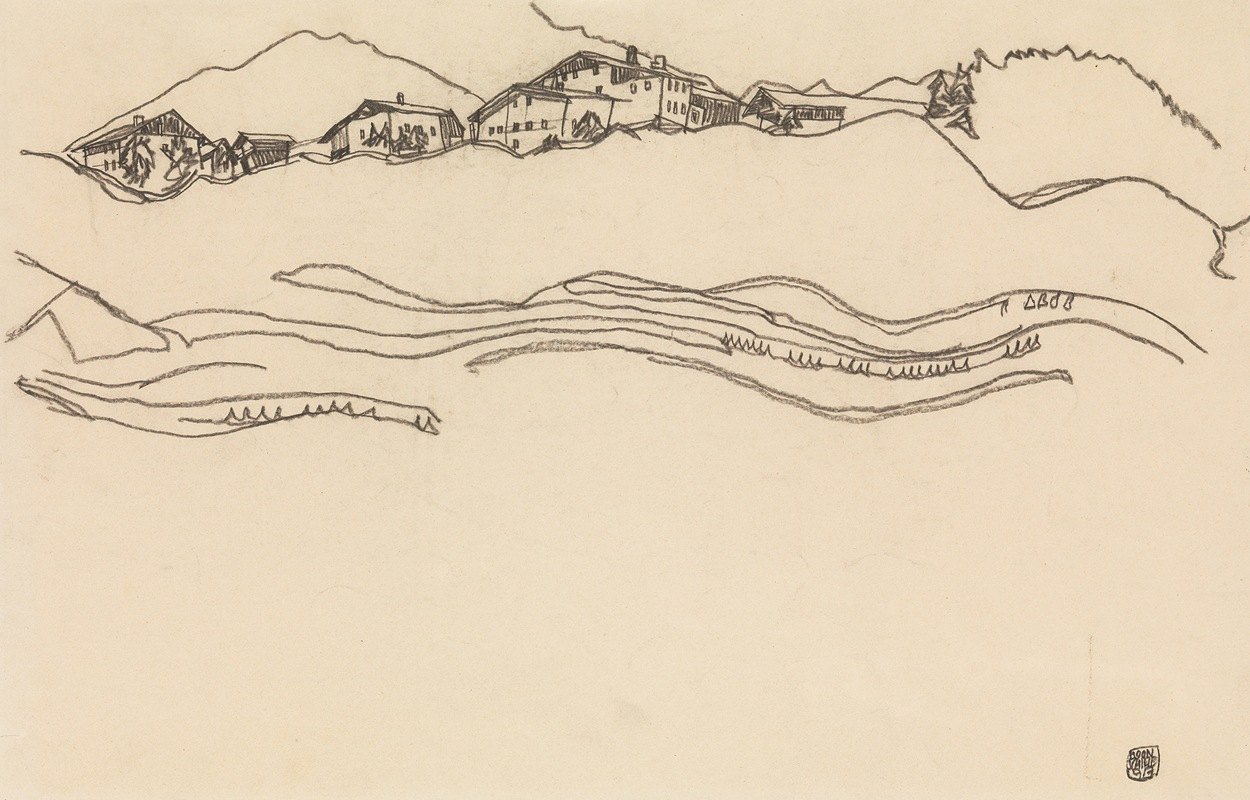 房屋景观`Landscape with Houses (1917) by Egon Schiele