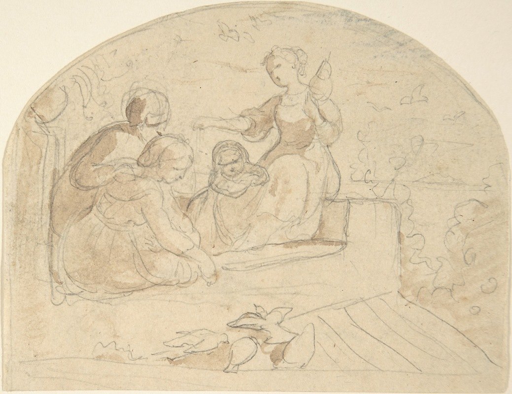 屋顶上有三个女人和一个孩子`Three Women and a Child on a Roof (1820–84) by Adrian Ludwig Richter