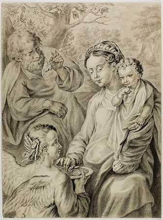 圣母与圣约瑟夫和跪着的天使一起给基督的孩子喂粥`Virgin Feeding Porridge to the Christ Child, with Saint Joseph and Kneeling Angel by Abraham Delfos