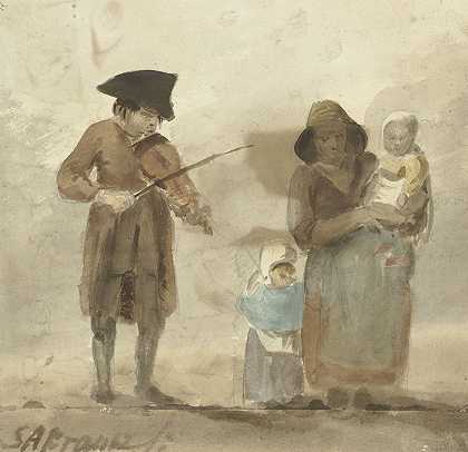 有妻儿的街头音乐家`Straatmuzikant met vrouw en kinderen (1770 ~ 1825) by Simon Andreas Krausz