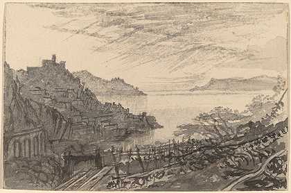 从山坡上俯瞰海湾（阿马尔菲）`View of a Bay from a Hillside (Amalfi) (1884~1885) by Edward Lear