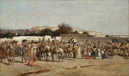 丹吉尔城墙上一个熙熙攘攘的市场`A bustling market place at the city wall, Tangiers (1889) by Alfred Wordsworth Thompson