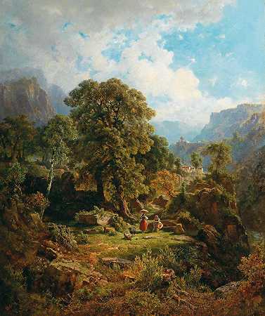 蒂罗尔南部法萨山谷的风景`A landscape in the Fassa Valley, South Tyrol (1862) by Gottfried Seelos