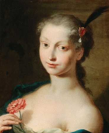 一位戴康乃馨的优雅女士的肖像`A Portrait Of An Elegant Lady With A Carnation (18th Century) by Venetian School