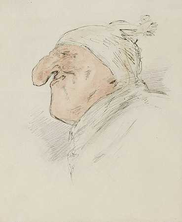一个戴睡帽男人的卡通头像`Karikaturale kop van een man met een slaapmuts (c. 1854 ~ c. 1887) by Alexander Ver Huell
