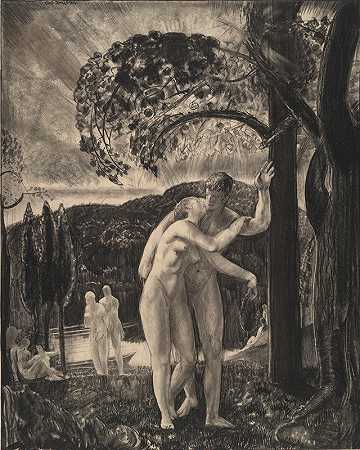 恋人仍在暮色中窃窃私语`Lovers Still Whispered in the Dusk (1923) by George Wesley Bellows
