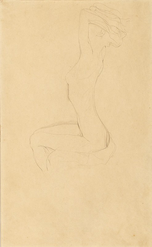 裸体坐着的女孩举起双臂`Sitting Girl Nude with Raised Arms (1904) by Gustav Klimt