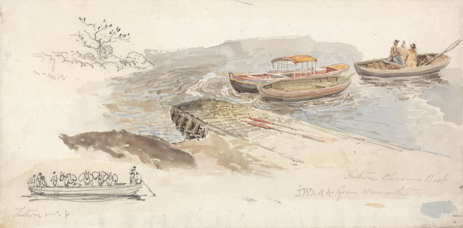 码头上有一艘带顶篷的船和两艘划艇插图左图为丁顿家畜渡船的铅笔研究`A Canopied Boat and Two Rowing Boats at a Jetty; Inset Left, a Pencil Study of the Tintern Livestock Ferry~boat by James Ward