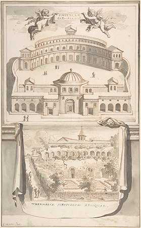 重建Thermae Olympiadis（上图）和遗址景观（下图）`Reconstruction of the Thermae Olympiadis (above) and View of the Ruins (below) (before 1704) by Jan Goeree