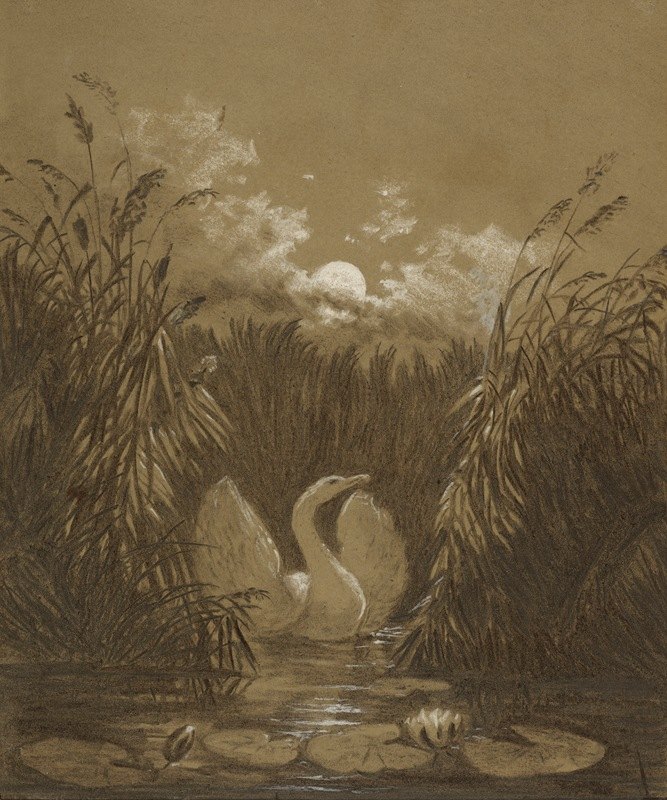 芦苇丛中的天鹅，`A Swan Among the Reeds, by Moonlight (1852) by Moonlight by Carl Gustav Carus