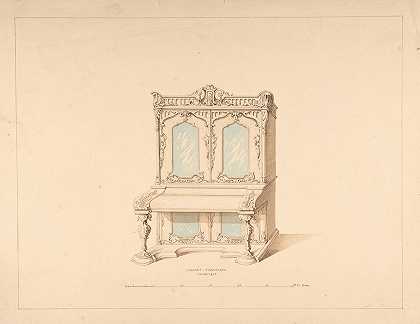 为阿拉伯风格的柜式钢琴设计`Design for Cabinet Pianoforte, Arabesque Style (1835–1900) by Robert William Hume