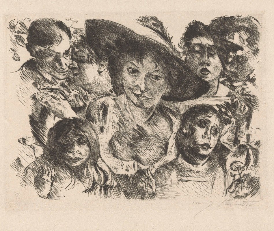 戴帽子的女人被一群人围着`Vrouw met hoed omringd door een groep gezichten by Lovis Corinth