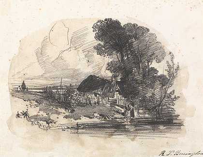 树木和小屋`Trees and a Cottage by a River (1827) by a River by Richard Parkes Bonington
