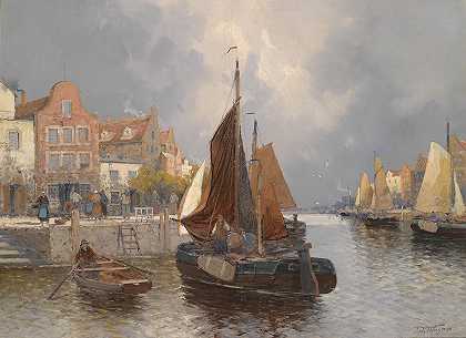荷兰海景`Holländische Hafenansicht by Georg Fischhof