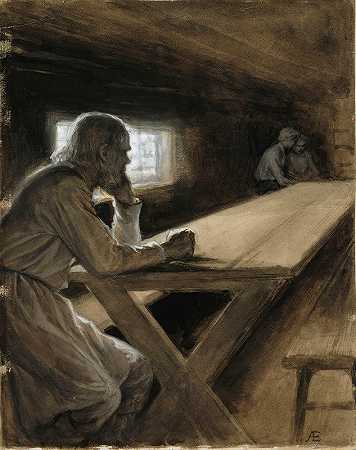 《云彩》中的小屋屋内她哥哥`Cabin Interior From The Poem The Clouds Brother (1897 ~ 1900) by Albert Edelfelt