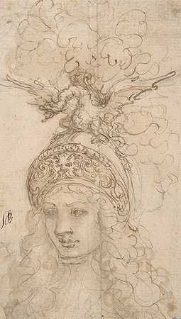 正面景观中的龙头盔设计`Design for a Helmet with a Dragon Presented in Frontal View (1652–1725) by Giovanni Battista Foggini