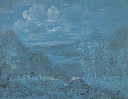 安克尔阿尔卑斯山和纹影的景观`View of the Ankl~Alpe and the Schliersee (1817) by Johann Georg von Dillis