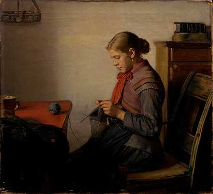 Skagen女孩Maren Sofie编织。`Skagen girl, Maren Sofie, knitting. (1882) by Michael Ancher