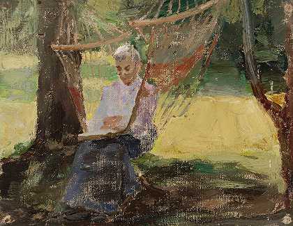 吊床上——玛丽亚鲁布佐夫在《马里诺》中的肖像`In a hammock – Portrait of Maria Rubtsov in Maryino (1908) by Jan Ciągliński